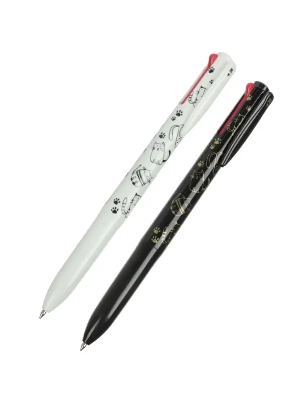 Набор шариковых ручек, 2 штуки, автоматические, 4-цветная, белый и чёрный корпуса, с рисунком