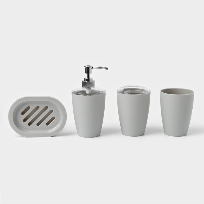 Набор для ванной «Эталон», 4 предмета: дозатор для мыла, мыльница, 2 стакана, 24×8×17 см, цвет серый Набор для ванной «Эталон», 4 предмета: дозатор для мыла, мыльница, 2 стакана, 24×8×17 см, цвет серый