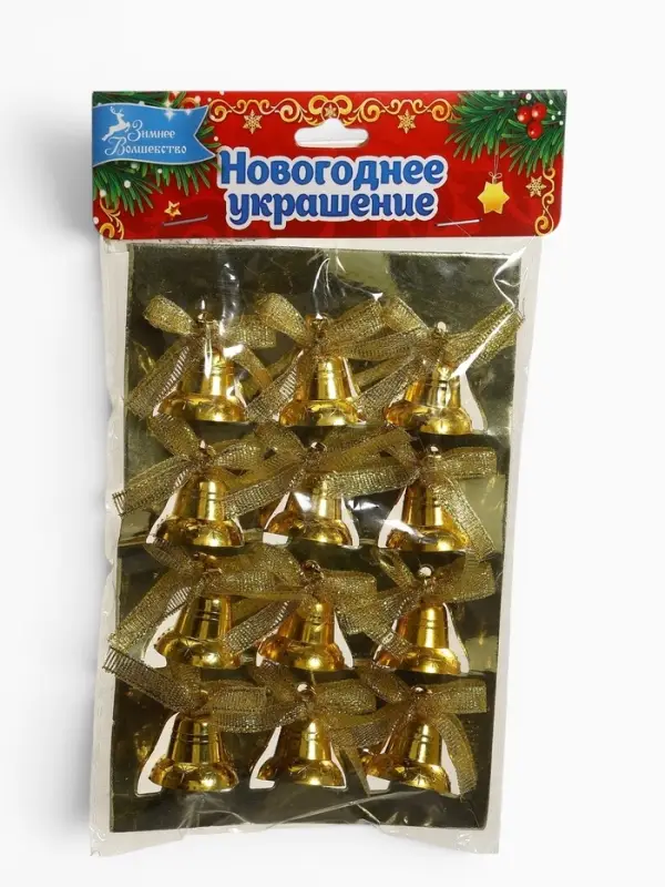 Ёлочные игрушки 12 шт. &laquo;Зимнее волшебство. Колокольчики с бантиком&raquo; пластик, 2 см, золото