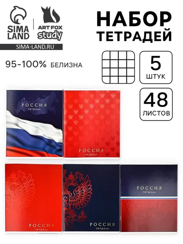 Тетради в клетку, 48 л., набор из 5 шт., блок №1 &laquo;Россия&raquo;