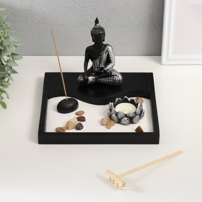 Сад камней Дзен  Сад камней Дзен "Будда просветление" песок белый + свеча 14х20х20 см