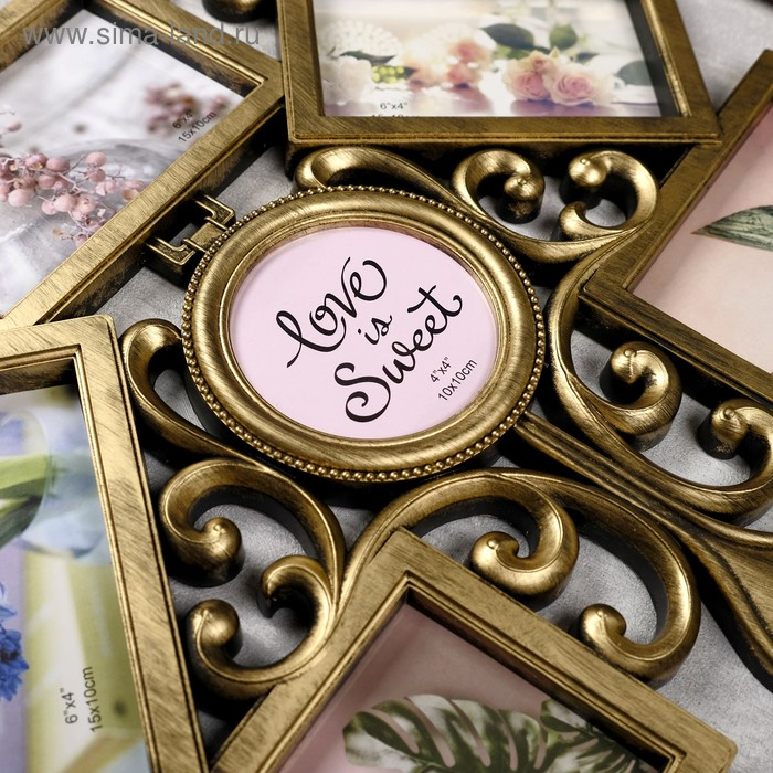 Фоторамка пластик на 9 фото 10х10, 10х15 см  Фоторамка пластик на 9 фото 10х10, 10х15 см "Узоры" тёмное золото 54х49 см