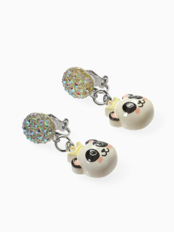 Серьги-клипсы детские  Серьги-клипсы детские "Выбражулька" панда с короной с кругом кристалл, цветные