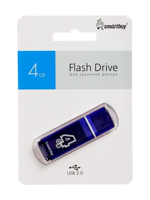 Флешка Smartbuy Glossy, 4 ГБ, USB 2.0, чтение до 25 Мб/с, запись до 15 Мб/с, синяя
