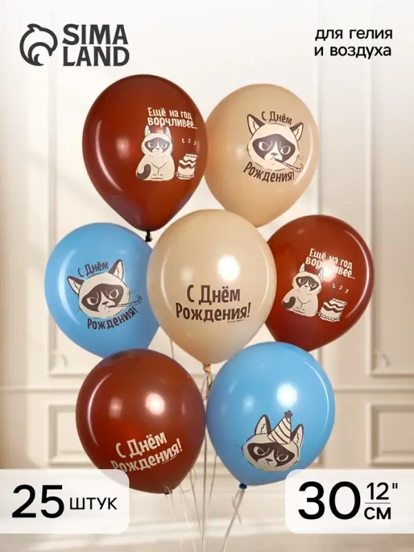 Воздушные шары латексные 12" &laquo;С Днем Рождения! (Сердитая кошка)&raquo;, МИКС, набор 25 шт.