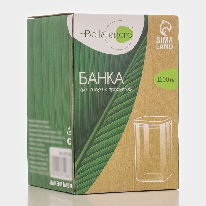 Банка стеклянная для сыпучих продуктов с бамбуковой крышкой BellaTenero &laquo;Эко. Квадратная&raquo;, 1,2 л, 10&times;15,5 см