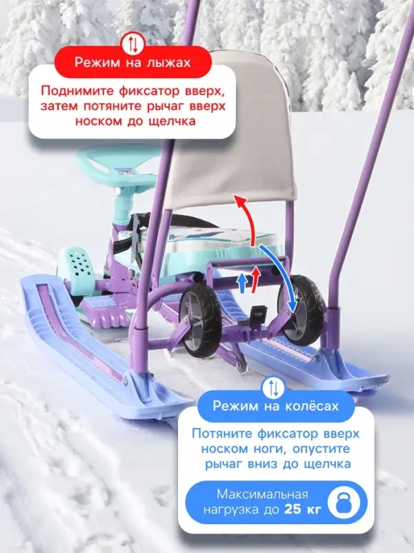 Снегокат &laquo;Тимка спорт 6&raquo; с пингвинятами, с родительской ручкой, со спинкой, голубой, фиолетовый, ТС6/П Nika Kids