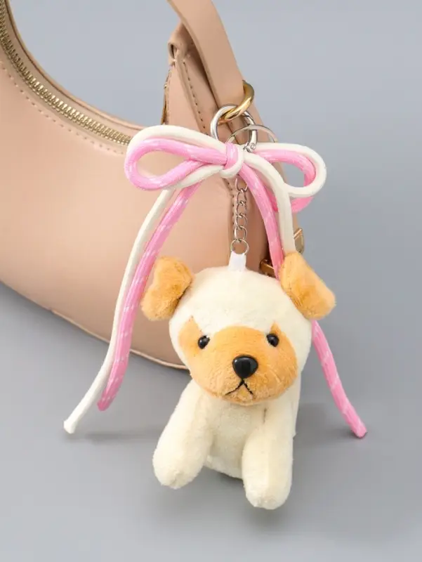 Брелок текстиль "Милый щенок с бело-розовым бантиком" бежевый 5х9,5х20 см