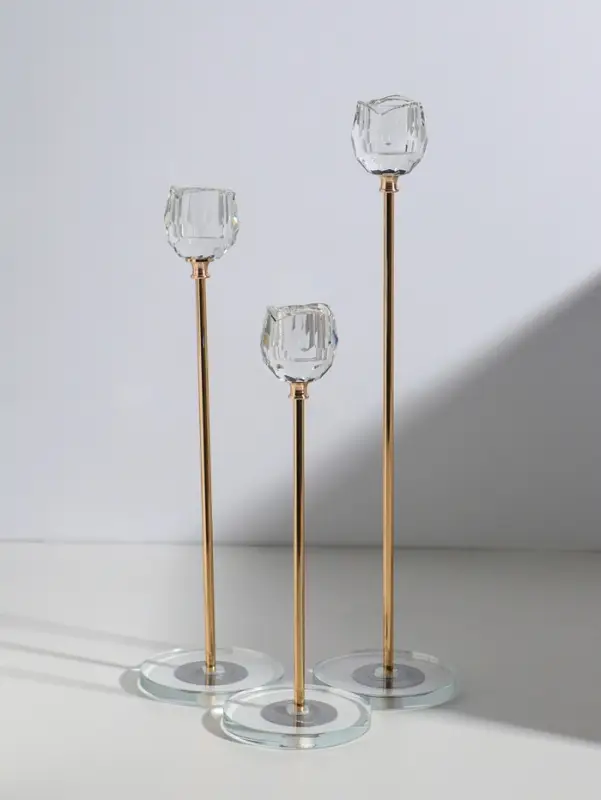 Подсвечник стекло, металл "Бутон-кристалл" d=2,2 см набор 3 шт h=23, 27,5 и 32,5 см