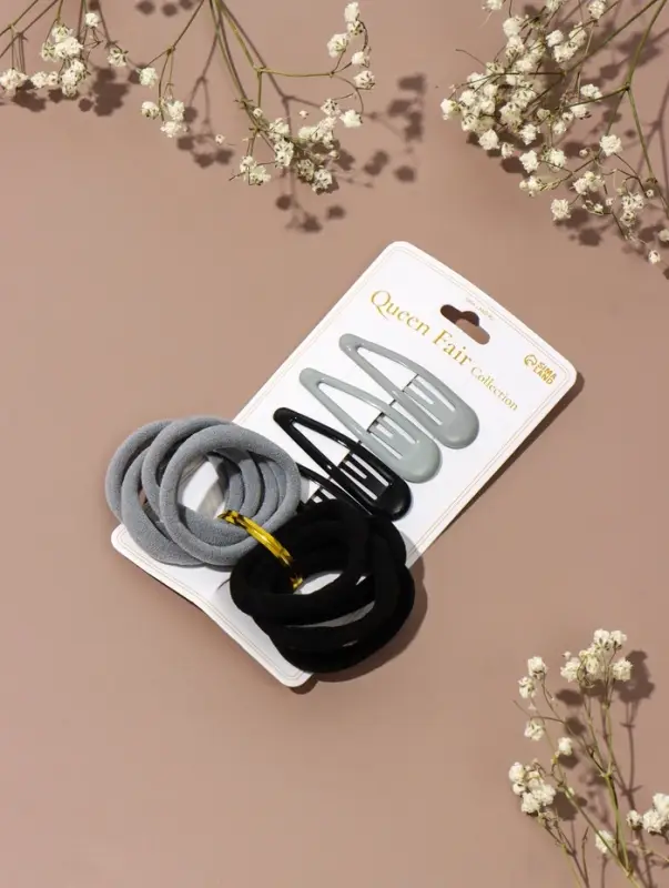 Набор для волос QF &laquo;Мира&raquo;, 12 шт.: 4 заколки 5 см, 8 резинок 3.5 см, серо-чёрный