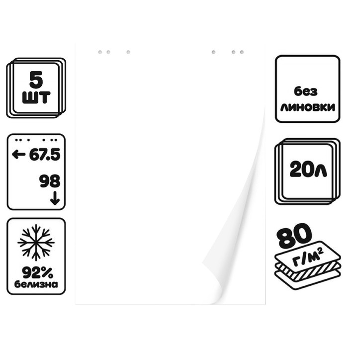 Набор блокнотов 5 штук для флипчарта, 67,5 х 98 см, 20 листов белый, 92%, 80 г/м2, Calligrata Набор блокнотов 5 штук для флипчарта, 67,5 х 98 см, 20 листов белый, 92%, 80 г/м2, Calligrata