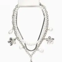 Колье медь "Жемчуг с цветами" (набор 3шт), 34/36/40см цвет белый в серебре
