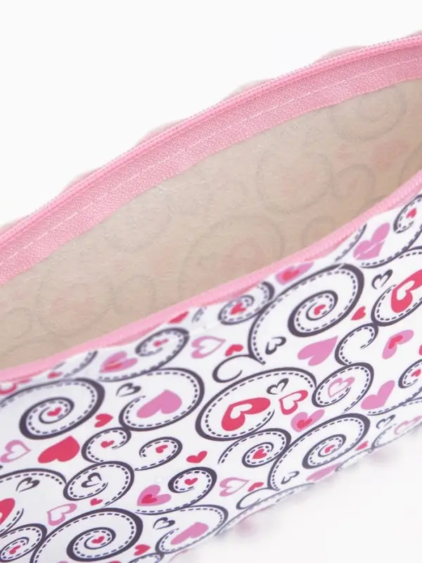 Косметичка-пенал на молнии плоская, с ручкой, с рисунком, белая/розовая
