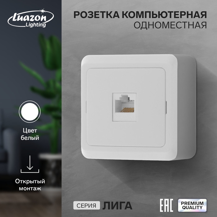 Розетка компьютерная одноместная Luazon Lighting  Розетка компьютерная одноместная Luazon Lighting "Лига", накладная, белая