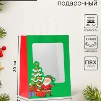 Пакет подарочный новогодний крафт, с окном &laquo;Дед Мороз&raquo; 30&times;22&times;14 см