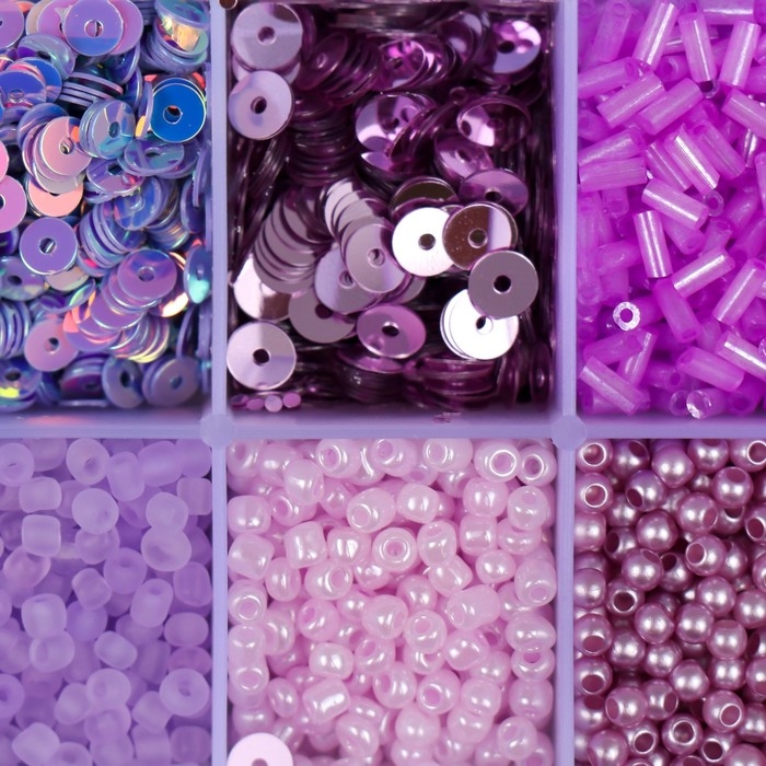 Бисер стекло 8/0, 12/0 в шкатулке  Бисер стекло 8/0, 12/0 в шкатулке "Сиреневый" бусины, стеклярус и пайетки 13х6,5х2,3 см