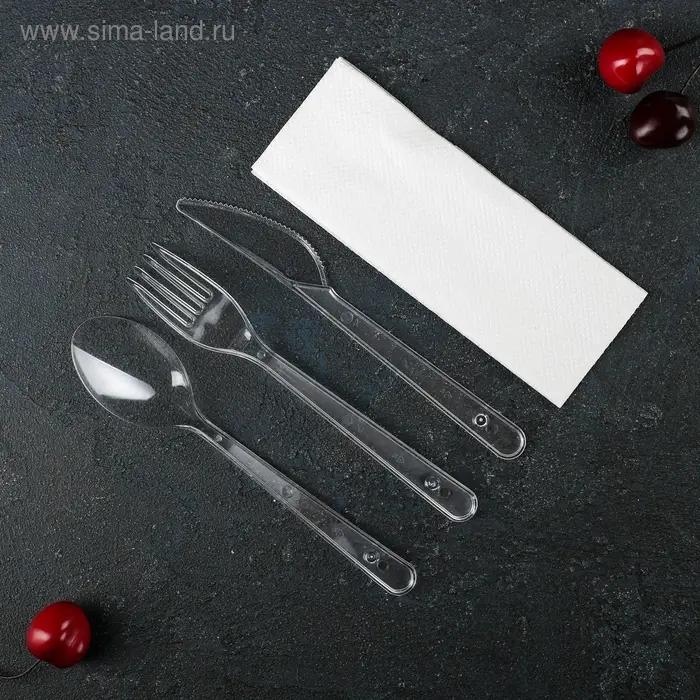 Набор пластиковых одноразовых приборов «Премиум», 4 в 1, вилка, ложка, нож, салфетка белая, прозрачный Набор пластиковых одноразовых приборов «Премиум», 4 в 1, вилка, ложка, нож, салфетка белая, прозрачный