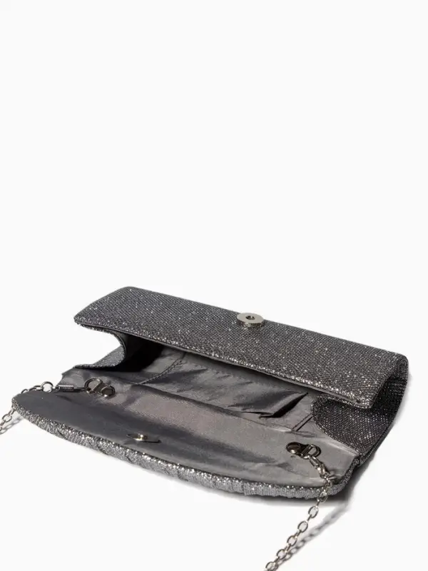 Сумка-клатч вечерняя на магните, на серебристой цепочке, блестящая, серебристая