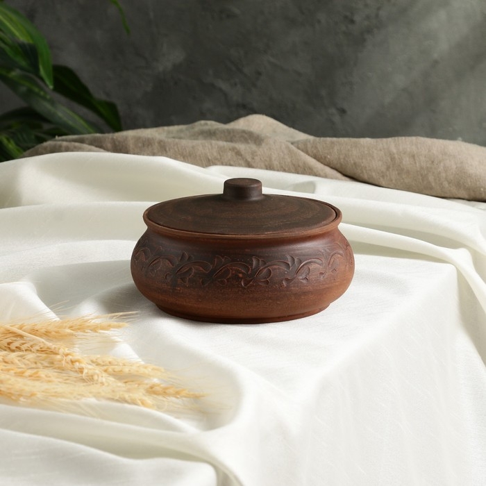 Горшок для запекания с крышкой «Поли», декор, красная глина, 1 л Горшок для запекания с крышкой «Поли», декор, красная глина, 1 л