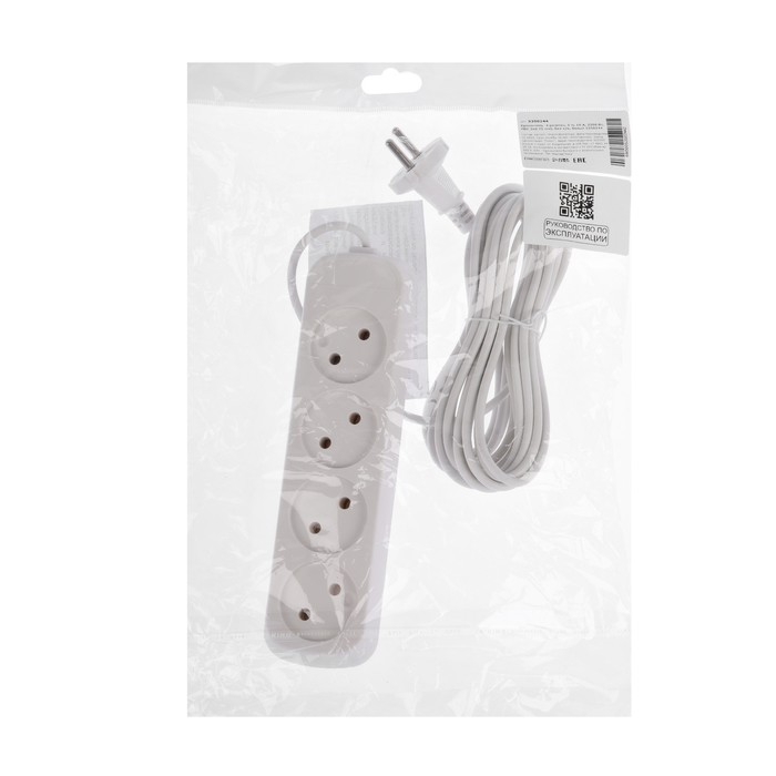 Удлинитель Luazon Lighting ECO, 4 розетки, 5 м, 10 А, 2200 Вт, ПВС 2х0.75 мм2, без з/к,белый