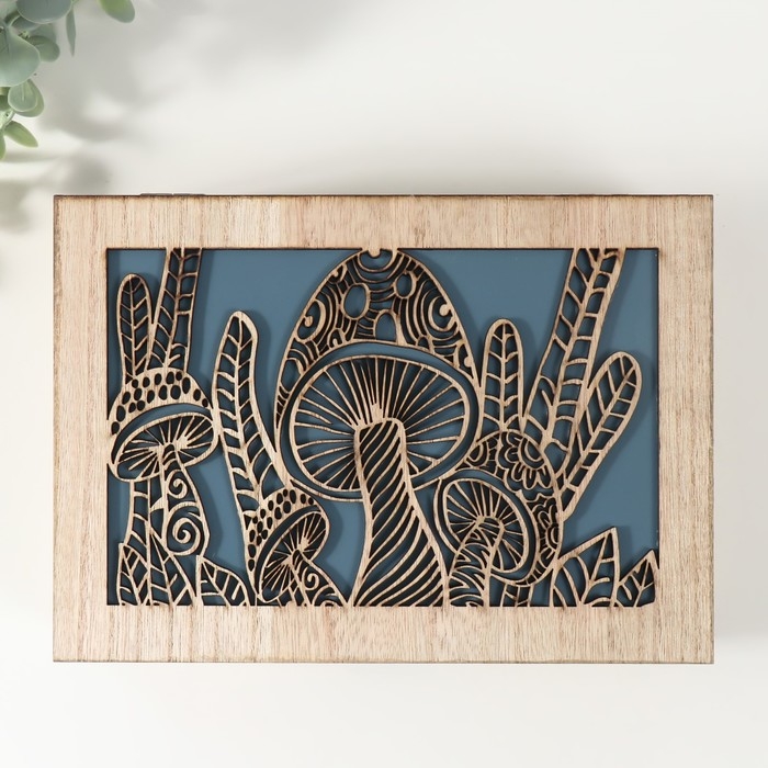 Шкатулка дерево 6 делений "Грибы" бежево-синяя 17х24х7 см