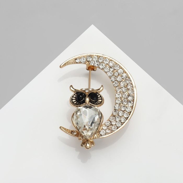 Брошь «Сова на месяце», цвет чёрно-белый в золоте Брошь «Сова на месяце», цвет чёрно-белый в золоте