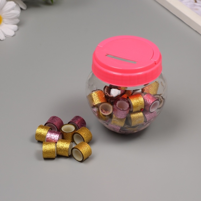 Клейкая лента пластик в банке  Клейкая лента пластик в банке "Шайн. Золото и розовый" н-р 40 шт 1,2 см, дл.0,9 м 7х7х9 см