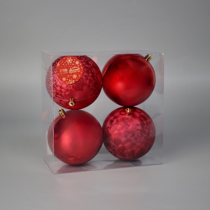 Ёлочные игрушки, шары новогодние , пластик, набор d-10 см, 4 шт Ёлочные игрушки, шары новогодние , пластик, набор d-10 см, 4 шт "Чары волшебства" красный