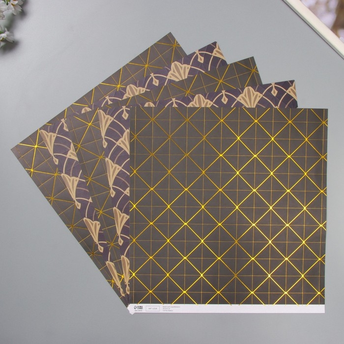 Бумага для скрапбукинга двусторонняя Бумага для скрапбукинга двусторонняя "Версаль и ромбы золото" плотность 180 гр набор 5 шт 30,5х32 см