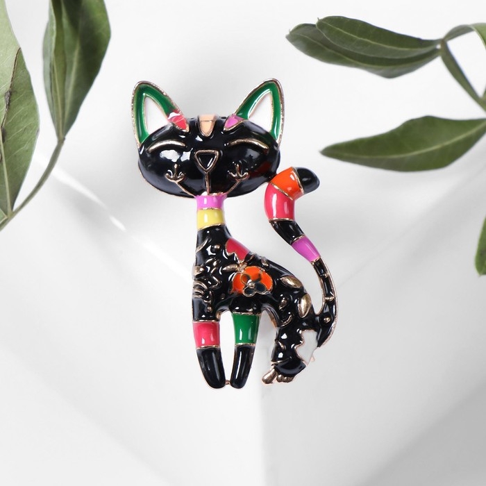 Брошь «Кошка» расписная, цвет чёрный в золоте Брошь «Кошка» расписная, цвет чёрный в золоте