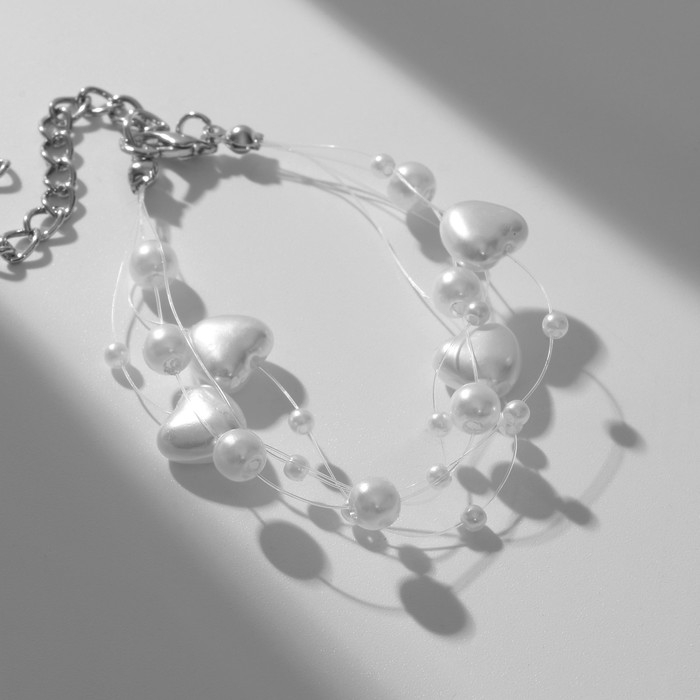Браслет жемчуг «На леске» сердце, бусины №4, 6, цвет белый в серебре, 16 см Браслет жемчуг «На леске» сердце, бусины №4, 6, цвет белый в серебре, 16 см