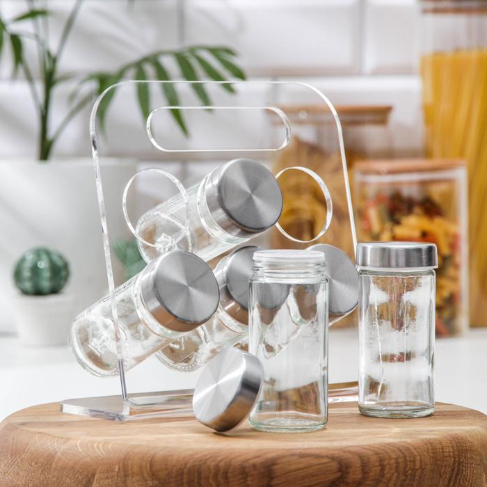 Набор для специй из стекла на подставке «Модерн», 23×9×22 см, 90 мл, 4×9,5 см, 6 шт Набор для специй из стекла на подставке «Модерн», 23×9×22 см, 90 мл, 4×9,5 см, 6 шт