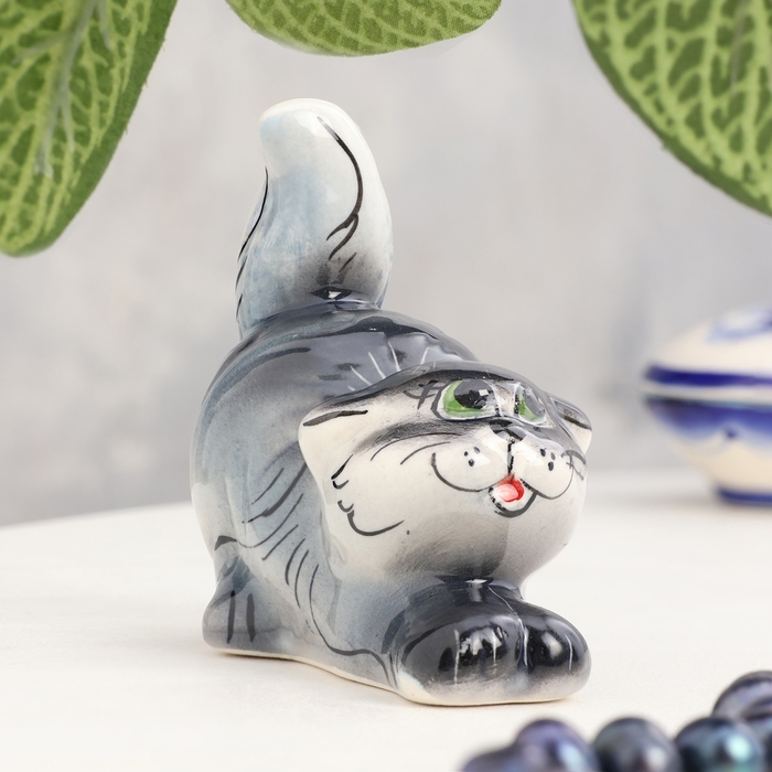 Сувенир «Котик», сидячий, полосатый темный, гжель Сувенир «Котик», сидячий, полосатый темный, гжель