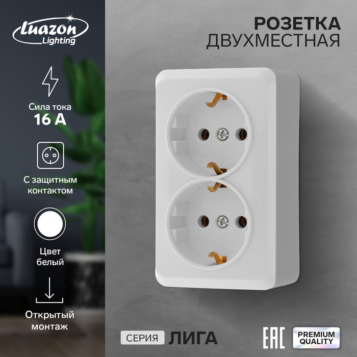Розетка двухместная Luazon Lighting  Розетка двухместная Luazon Lighting "Лига", 16 А, накладная, с з/к, белая