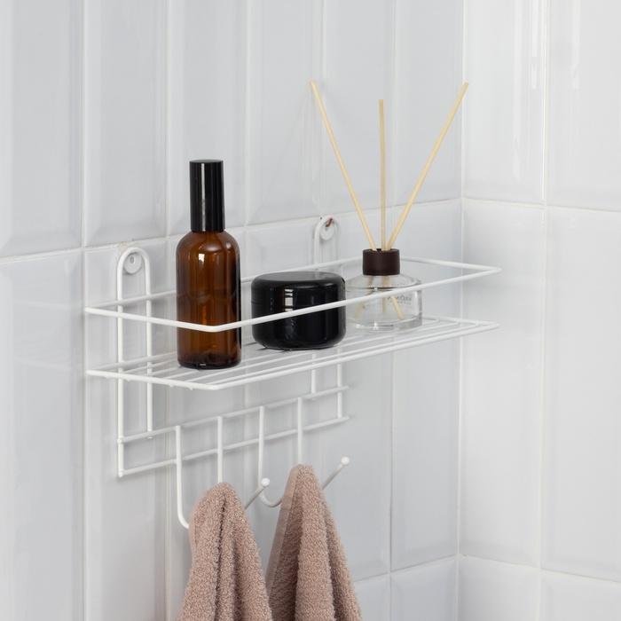Полка для ванной прямая, 4 крючка, 33×12,5×4,5 см, цвет белый Полка для ванной прямая, 4 крючка, 33×12,5×4,5 см, цвет белый