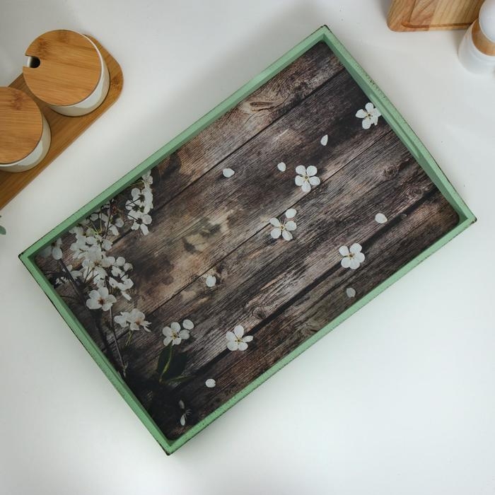 Поднос деревянный для завтрака Поднос деревянный для завтрака "Прованс. Лепестки яблони", 43×27.5×7 см, зелёный
