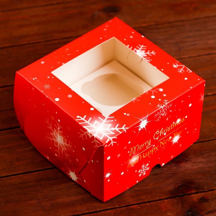 Коробка для 4 капкейка с окном  Коробка для 4 капкейка с окном "С Праздником!", 16 х 16 х 10 см, упаковка, Новый год