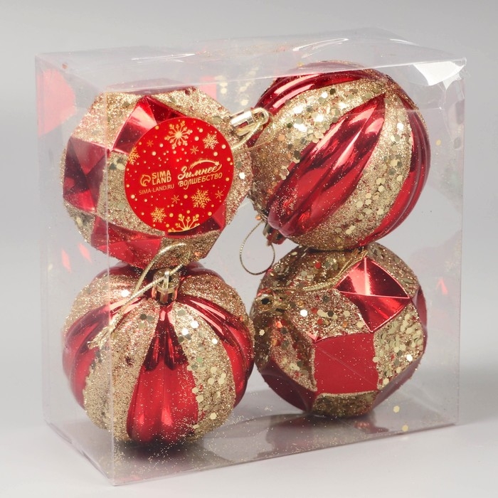 Набор шаров пластик d-8 см, 4 шт Набор шаров пластик d-8 см, 4 шт "Праздничный блеск" красно-золотой