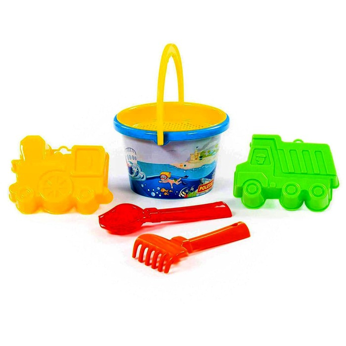 Набор песочный №252, ведро среднее с наклейкой, ситечко, совок, грабельки, формочки Набор песочный №252, ведро среднее с наклейкой, ситечко, совок, грабельки, формочки