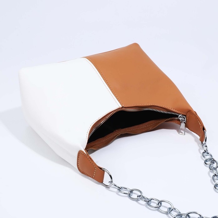 Сумка-багет на молнии, цвет белый/коричневый Сумка-багет на молнии, цвет белый/коричневый