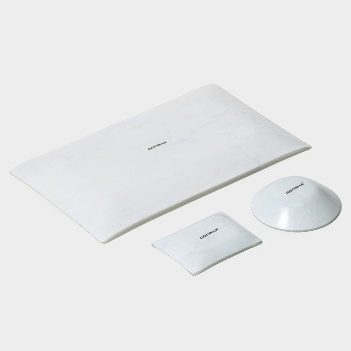 Набор для суши из стекла Доляна «Марбл белый», 3 предмета: соусники 8×2 см, 8×6 см, подставка 25×15×2 см