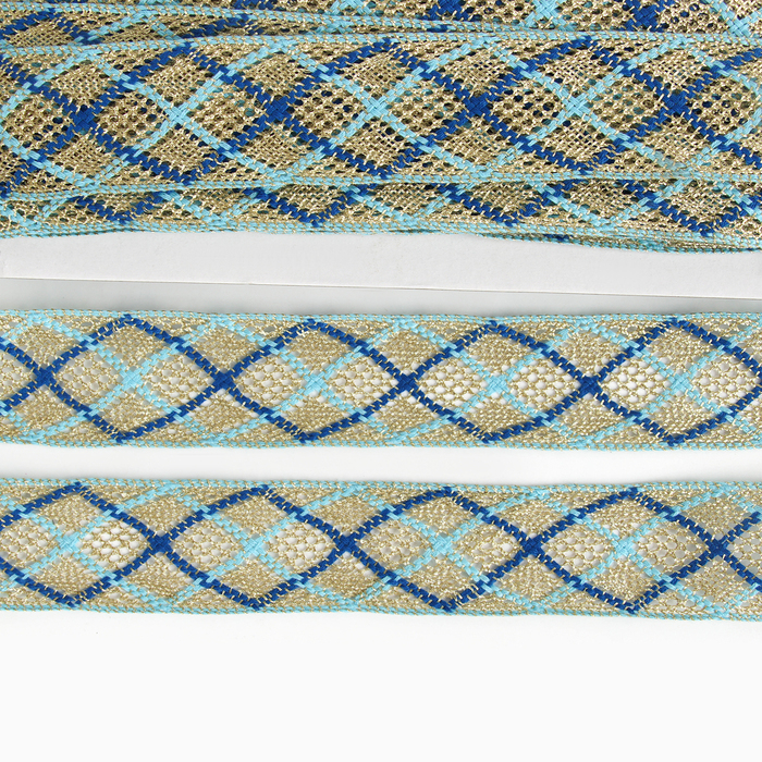 Тесьма, ширина 3,5 см., в упаковке 25 м., сине-голубая, на золоте Тесьма, ширина 3,5 см., в упаковке 25 м., сине-голубая, на золоте