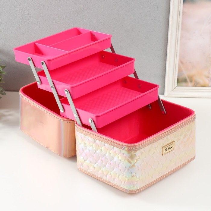 Шкатулка кожзам для косметики Шкатулка кожзам для косметики "Ромбы голография. Этажи" бело-розовая 24,5х20,5х27 см