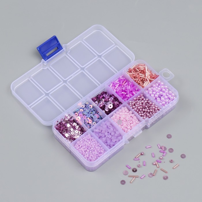 Бисер стекло 8/0, 12/0 в шкатулке  Бисер стекло 8/0, 12/0 в шкатулке "Сиреневый" бусины, стеклярус и пайетки 13х6,5х2,3 см
