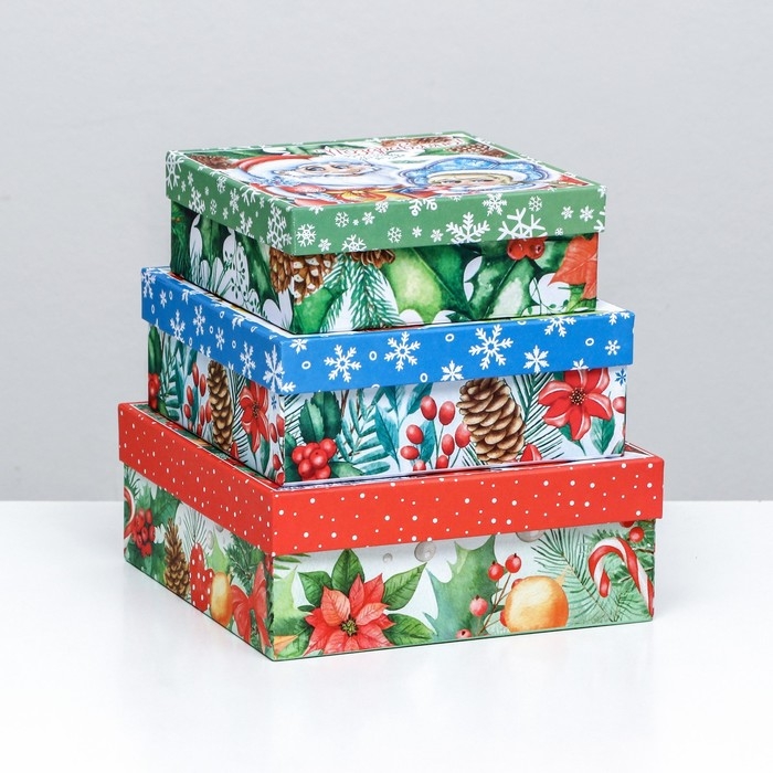 Набор подарочных новогодних коробок 3 в 1 Набор подарочных новогодних коробок 3 в 1 "Новогодние герои", 19 х 19 х 7,5 - 14 х 14 х 4 см. Новый год