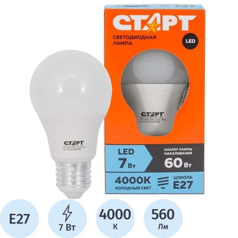 Лампа светодиодная Старт ECO E27 7W 4000K груша