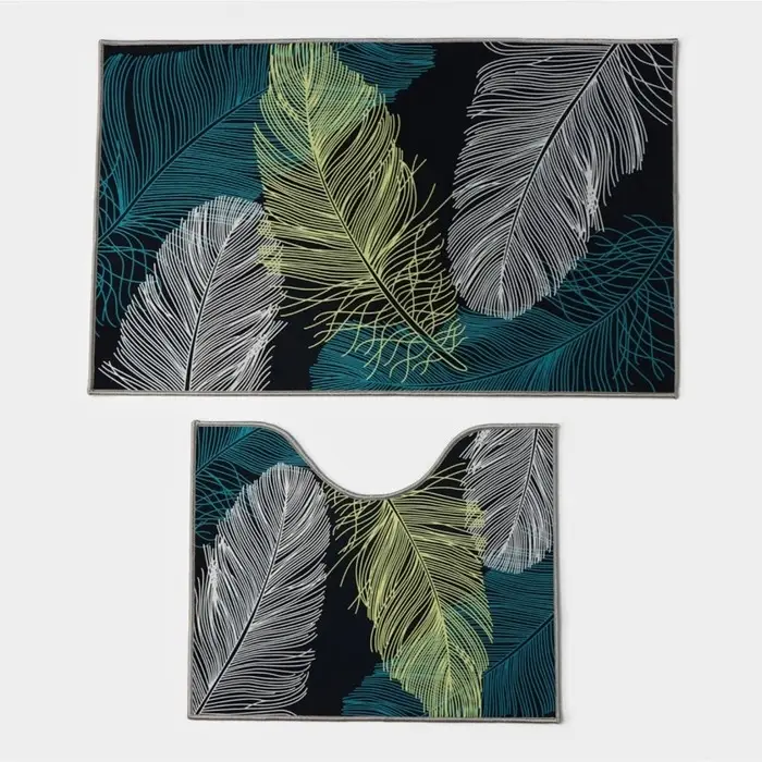 Коврики для ванной и туалета Доляна &laquo;Пёрышки&raquo;, 2 шт., 50&times;80 см, 50&times;40 см, форма МИКС