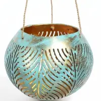 Подсвечник подвесной из кокоса, 14&times;14&times;10 см, бирюзово-золотой