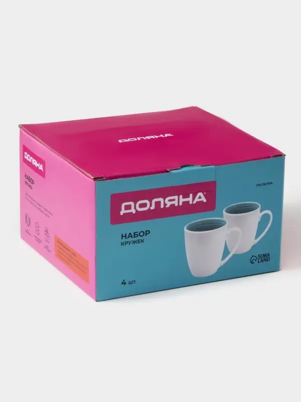 Кружки Доляна &laquo;Палитра&raquo;, 350 мл, 4 шт., фарфор, белые, бирюзовые