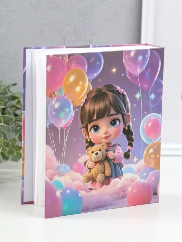 Фотоальбом на 80 фото 10х15 см "Малышка с косичками, с мишкой" в коробке 5х19х22,8 см